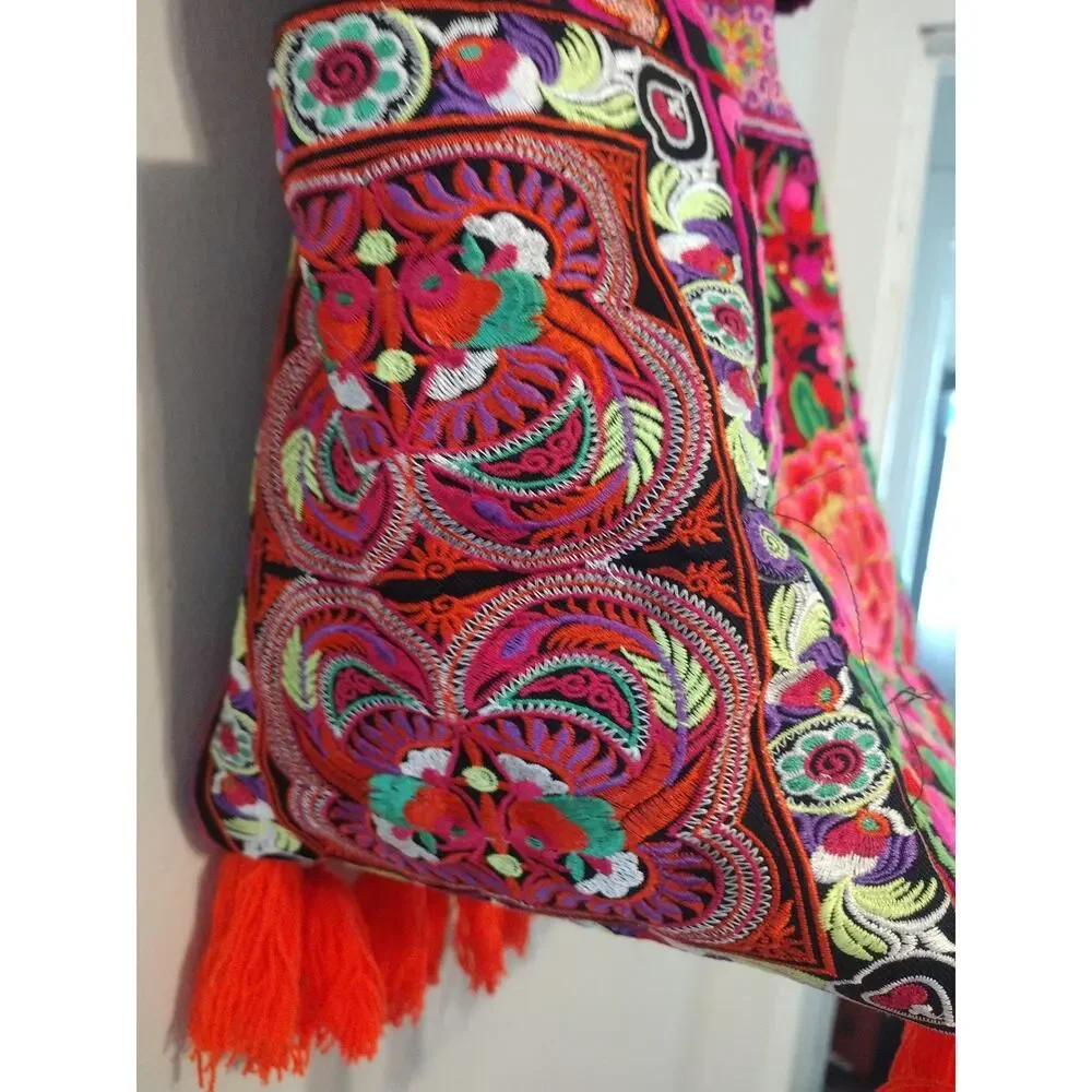 Embroidered Tote Bag Womens Large Multicolor Floral Tassel Boho Canvas Purse